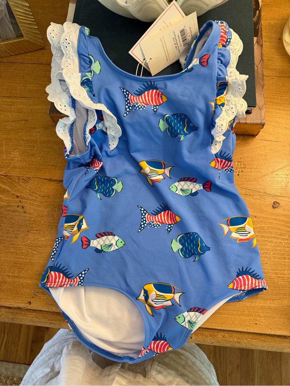 Girls' Blue Fish Print Ruffle One-Piece Swimsuit - Kids Swim TBBC